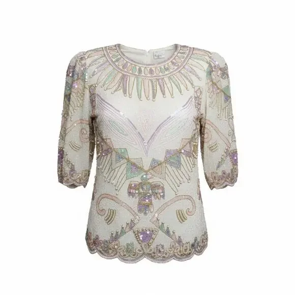 Vintage Beaded Silk Scallop Hem Pastel Sequin Top India Gold Blue Pink Purple M - Picture 2 of 7